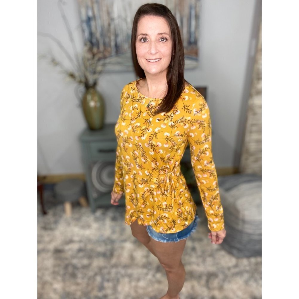 ❤️‍🔥Floral One Side Faux Wrap Tie Long Sleeve Top Yellow 0122